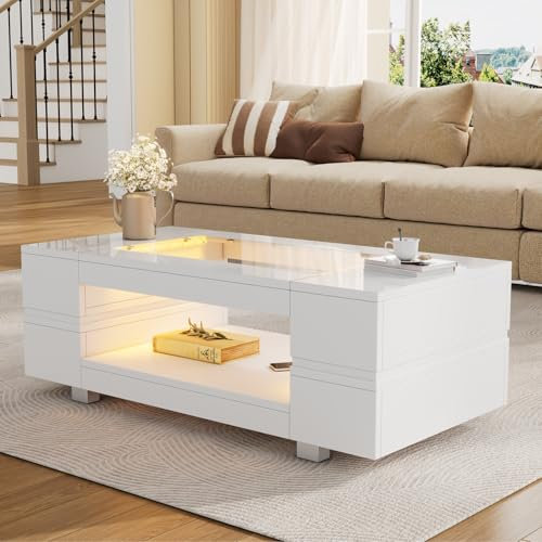 MIOOSUT Mesa de salón de cristal alto con LED, mesa de centro con espacio de almacenamiento, en blanco brillante, mesa de salón moderna, con compartimento abierto, mesa de café, para oficina (blanco