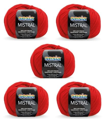 SESIA filato MISTRAL - 5 Gomitoli - 50gr 175 mt 100% lana merino fine ferri 3 3,5 lavabile in lavatrice (0063 Rosso, 5 Gomitoli)