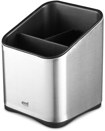 Good Food in Partnership with Tower Utensil Holder with 3 Compartments, Mirror Finish, Stainless Steel and Silicone Non-Slip Base, Stainless Steel, GF826192