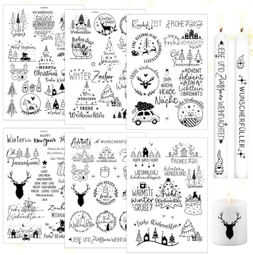 6 Stück Kerzentattoos Weihnachten, Kerzen Folie Weihnachten, Kerzenaufkleber Weihnachts, Wasserschiebefolie Kerzen Tattoo, DIY Kerzensticker, für Kerzen Wände Fenster Tassen DIY Geschenk (A)