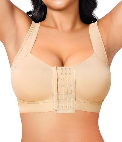 Nebility Post Surgery Front Closure Sports Bra for Women Compression Bras with Breast Support Wirefree (Beige,M)