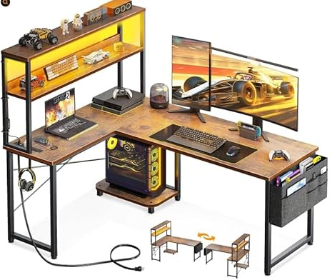 L Shaped Corner Desk with Drawer, Power Outlet & LED Light, Particle Board and Metal Frame Computer Table for Home Office Gaming Workstation