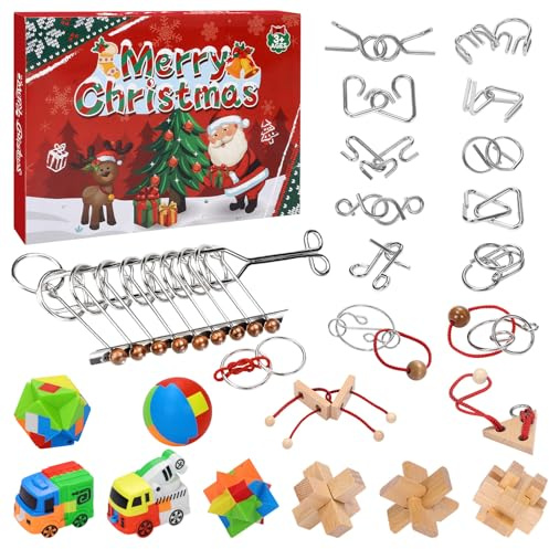 Joyesplay Calendrier de l avent puzzle 2025 Garcon Enfant Serrures aléatoires Cerveau Teaser Défi de libération de stress pour Enfant adultes, Compte à rebours de Noël de 24 PCS