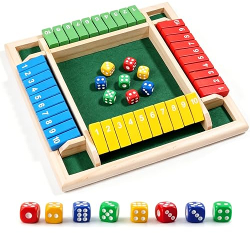 CHUANFU Shut The Box Spiel, 2-4 Spieler Würfelspiel aus Holz, mit 8 Würfe | Klappbrett Spiel Traditional Pub Board Würfelspiel, Reisen Family Brettspiele Mathematik für Kinder Erwachsene, Mehrfarbig
