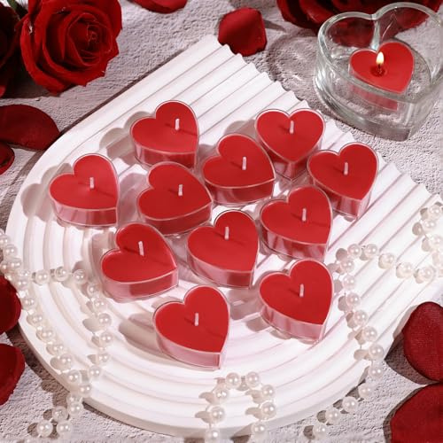 12 Stücke Rote Herzkerzen, Herzförmige Teelichter 4h Brenndauer | Romantische Kleine Kerzen aus Pflanzenwachs, Perfekte Herz Deko für Valentinstag, Heiratsantrag, Hochzeit & Party