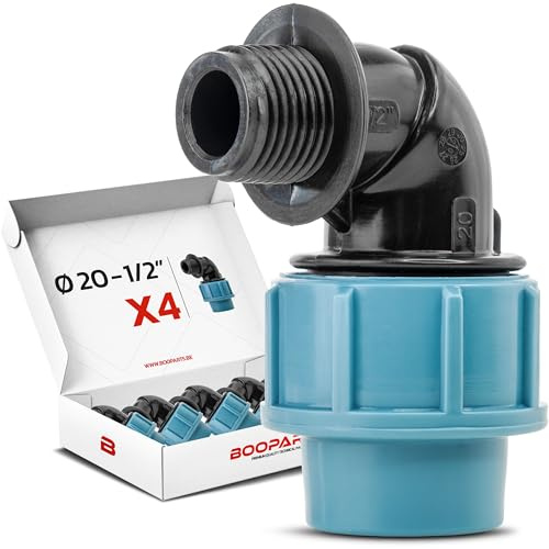 BOOPARTS – Gomito Maschio a Compressione PP Ø20 mm x 1/2 per Tubo PE | Raccordo per Irrigazione e Giardino | Set da 4 Pezzi