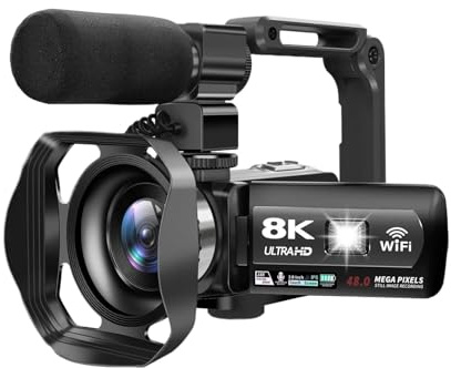 AUBEST Videocamera, Videocamera, videocamera 8K 48MP 15FPS UHD WiFi Vlogging Camera con visione notturna IR for YouTube, touch screen da 3 Zoom digitale 18X