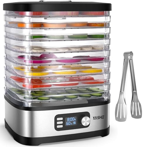 YASHE Essiccatore Alimentare 8 Vassoi, Timer Digitale & Controllo Temperatura, Vassoi Senza BPA, Fogli Rete & Rotoli Frutta, Pinza Acciaio Inox, Per Jerky, Frutta, Verdura e Erbe