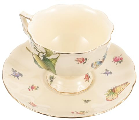 jojofuny Ensemble de Tasses à Café Grosse Ouverture Vintage en Céramique avec Soucoupes, Design Rétro Papillon et Fleurs pour Thé Anglais et Français