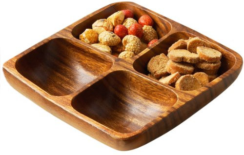 Plat Apéritif Carré- Plat de Service - 4 Compartiments - Acacia 5 x 20 x 20 cm