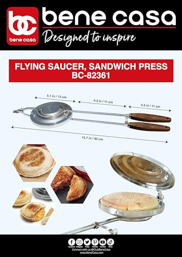 Bene Casa Sandwichpresse mit Fliegender Untertasse, robuste Griffe aus natürlichem Holz (40,6 cm), ideal für Lagerfeuer oder Camping