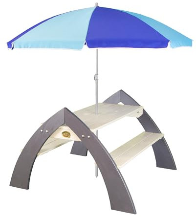 AXI Kylo XL Picknicktisch für Kinder aus Holz | Kindertisch mit Sonnenschirm für den Garten, grau & Weiß..