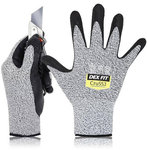 DEX FIT Guantes Anticortes de Nivel 5 Cru553, Ajuste Cómodo Elástico 3D, Buen Agarre, Recubrimiento de Espuma Duradero de Nitrilo, Táctil, Fino y Ligero, Lavable, Gris 10 (XL) 3 Pares