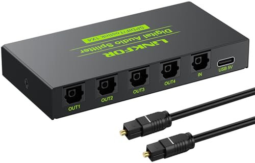 LiNKFOR Splitter Óptico 1 Entrada 4 Salidas Divisor Óptico SPDIF Toslink 1 in 4 out 192 kHz Soporte de Digital LPCM2.0/DTS/Dolby-AC3 para PS3 Blue-Ray DVD HDTV