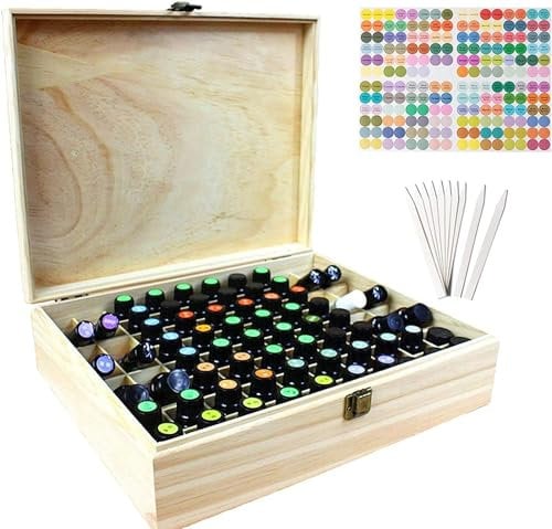 Beunyow 68 Löcher Hohe Kapazität Tragbar Holz Aromatherapie Geschenk-Box Ätherische Öle Flaschen Box Aufbewahrung Koffer Box - Geeignet für Nagellack, Duftöle, Ätherisches Öl, Stain und Lippenstift