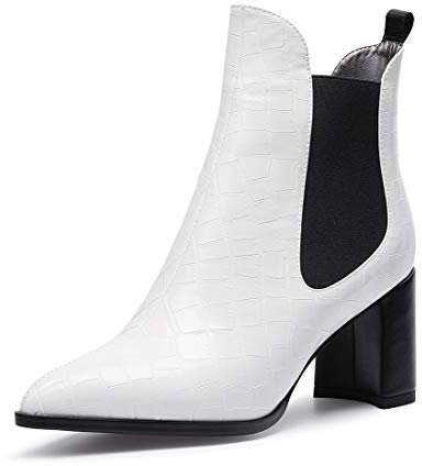 Castamere Donna Polacchine Tacco a Blocco Stivali Chelsea 7.5CM Medio Tacco PU Bianco Scarpe EU 40
