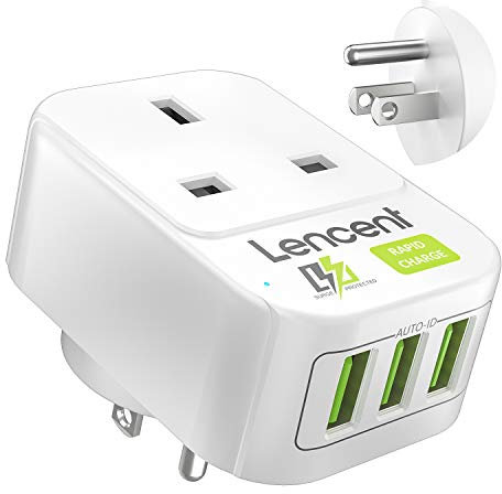 LENCENT UK to US Plug Adapter with 3 USB Ports, Grounded America Travel Adapter for USA Mexico Canada Thailand and More (Type B)