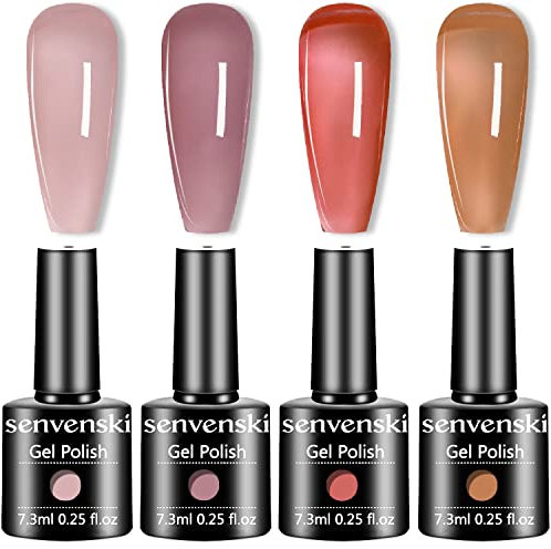 Senvenski Jelly Pink Gel Nail Polish Kit - Nude Pink Translucent Colors with Milky Sheer Finish | Vegan UV/LED Nail Art Kit Gift for Women Manicure Salon DIY(CS2-014)