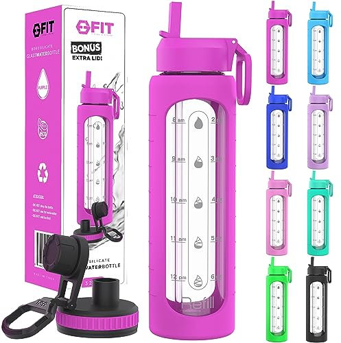 Botellas de agua de vidrio de 32 onzas con recordatorio de tiempo para beber, tapa extra, botella de vidrio de 1 litro, botellas de agua transparentes grandes (morado)