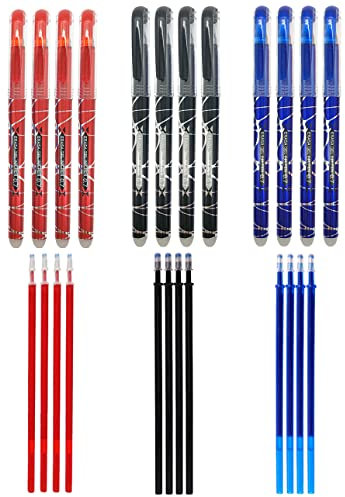 RHardware 12 bolígrafos de tinta negra, roja, azul, borrable de 0,7mm y 12 recambio de gel de bolígrafos, papelería escolar