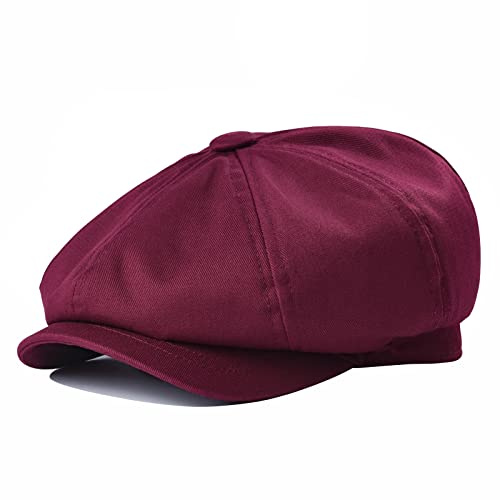 BOTVELA Men's 8 Piece Newsboy Flat Cap 100% Cotton Gatsby Ivy Golf Cabbie Hat (Burgundy, 7 7/8)
