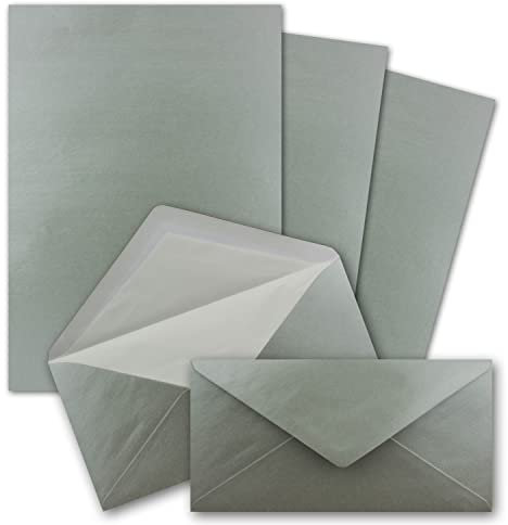50x Briefpapier-Sets DIN A4 und DL gefütterten Briefumschlägen mit weißem Seidenfutter, Nassklebung - Silber - mattes Schreibpapier