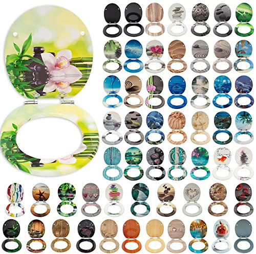 SG Traders® Toilet Seat with Soft Close - Wooden Toilet Seat Cover with Zinc Alloy Hinges, Comfortable Toilet Seat Covers with Colorful Designs Easy to Install, Assembly (Lillies Lake)