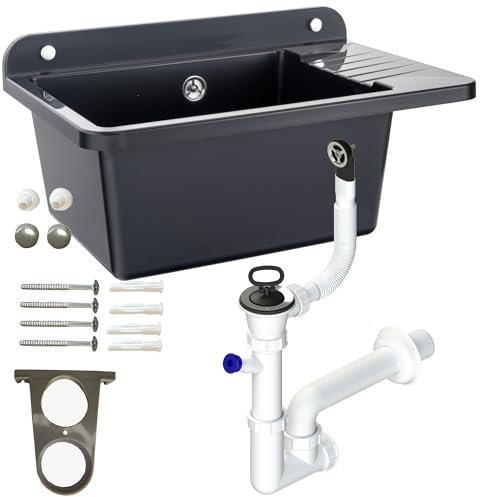 Waschbecken mit Siphon Ausgussbecken aus Kunststoff schwarz Granit Farbe, 50 cm Länge hängen Wasserinstallation Küche Badezimmer robuste Waschtrog