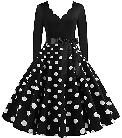 Women Dresses Clearance,Ladies 1950s Dresses UK Elegant Vintage Deep V Neck Long Sleeve Retro Cocktail Swing Rockabilly Dresses Floral Style Midi Dress Tea Party Evening Prom Dresses with Belt Black