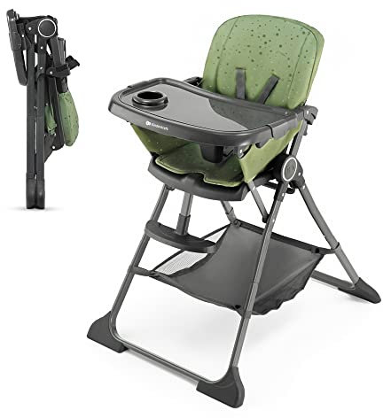 Kinderkraft FOLDEE Highchair, Baby Chair, Ergonomic, Comfortable, Reclining, Foldable, Ajustable Footrest, Detachable Double Tray, for Toddler, from 6 Month to 3 Years, Green