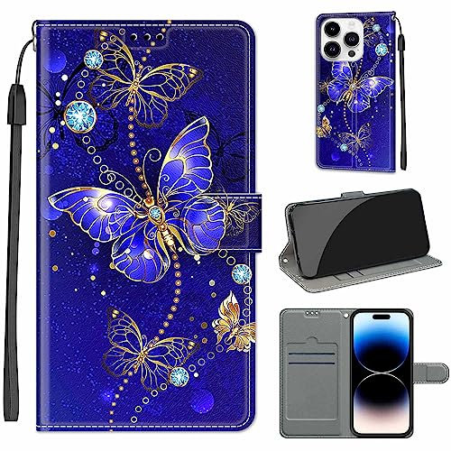 for iPhone 14 Pro (6.1) 2022 5G Case, PU Leather Wallet Book Flip Folio Stand View Cover Pouch Compatible with iPhone 14 Pro Phone Case (Blue Butterfly)