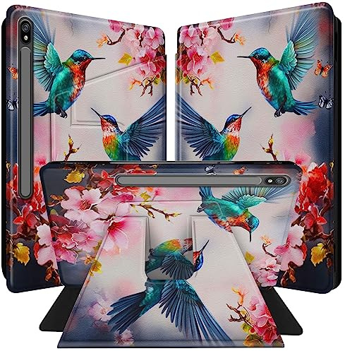 BPQOJB Case for Galaxy Tab S8 Plus/S7 FE/S7 Plus 360 Degree Rotating Smart Cover with Auto Wake/Sleep Tablet Case for Samsung Galaxy Tab S8 Plus/S7 FE 5G/S7 Plus 12.4 inch,Hummingbird Cherry Blossoms