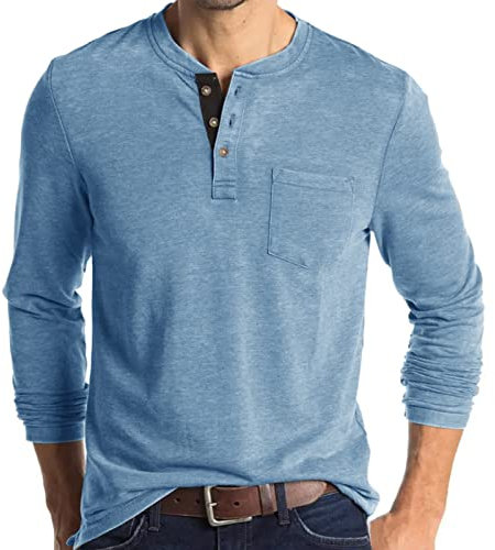 Mens Henley Shirts Long Sleeve Tops Casual Shirt Cotton Tee Crew Neck Top Basic T-Shirt Knitted Buttons Blue M