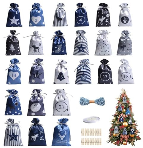 Weihnachts-Adventskalender-Tüten, 24 Tage Countdown Jutebeutel zum Aufhängen, Adventskalender, Geschenkgeschenke für Weihnachtsdekorationen (blau)