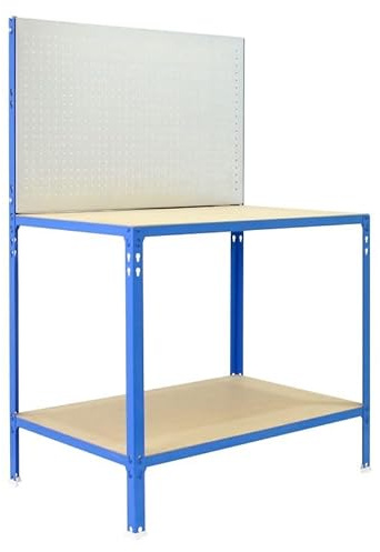 PRORGEAL Werkbank BUFALLO Light mit Lochwand & 2 Ebenen | HxBxT 144,5x90x60cm | Traglast 220kg | Blau/Verzinkt | Werktisch Arbeitstisch Werktisch