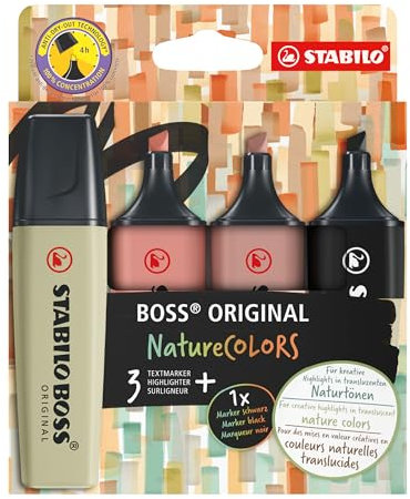 STABILO - Textmarker - BOSS ORIGINAL NatureCOLORS - 4er Pack - schlammgrün, siena, umbra, schwarz