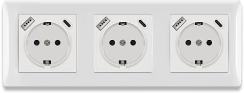 BSEED Schuko Steckdose 3 Fach mit Steckklemme 16Amp, Unterputz Steckdose mit USB/TYPE C Port 2.1A, 3er Steckdose Unterputz mit PC Rahmen, Dreifachsteckdose Schutzkontakt Wandsteckdose Weiß -223mm
