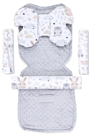 Sitzauflage Kinderwagen Einlage - Buggy Auflage Sitzeinlage für Kindersitz atmungsaktiv universal Set mit Gürtelschutz 75 x 35 cm Hellgrau Eulen