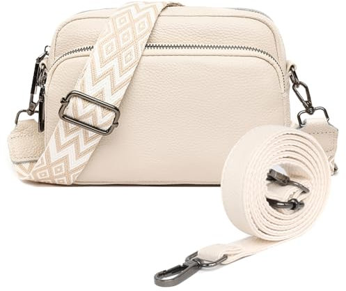 GSenhui Crossbody Bag Damen Echtes Leder Kleine Umhängetasche mit Breitem Gurt Reißverschluss und Abnehmbar Schultergurt Handytasche Zum Umhängen Frauen Schwarz