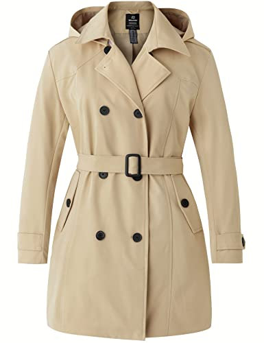 Wantdo Femme Trench-Coat Grande Taille Veste Coupe-Vent Manteau Imperméable pour Femmes avec Capuche Amovible Trench mi-Long à Double Boutonnage et à Revers Kaki 60