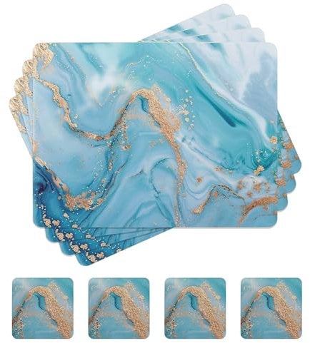 fanquare Tischsets und Untersetzer Sets 4 Kork Marmor Rechteckig See Blau Tusche und Wash Malerei Platzsets für Tisch Wasserdicht Hitzebeständig für Küche Heimdekoration 41x31cm