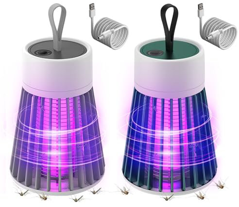Gobesty Insektenvernichter Elektrisch, 2 Stück Mückenvernichter Lampe, Fliegenfalle Elektrisch USB mit Reinigungsbürste, Tragbare Mozz Guard Mosquito Zapper für Zuhause, Camping, Picknick (Grün+Grau)