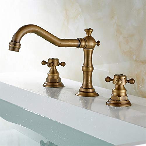 Grifo giratorio de 360 grados, estilo retro, estilo europeo, con tres agujeros, grifo de lavabo de calor frío, doble mango, 20,3 cm, grifo de agua, tres piezas, lavabo retro