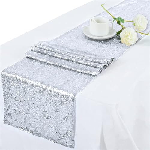 SYSUII Pailletten Tischläufer Silber-30 * 275cm Glitzer Tischdecke Tischband Tischläufer Weihnachten Party Hochzeit Tischdekoration für Geburtstag Baby Duschen Silvester Erntedankfest Bankett