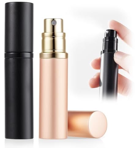 ASADAYS Portable Perfume Atomiser Refillable - 5ml Empty Travel Spray Bottle, Nano Mist, Bottom Filling Mini Atomizer, Pocket Size Cologne Dispenser for Women and Men (Black & R.Gold, CA)