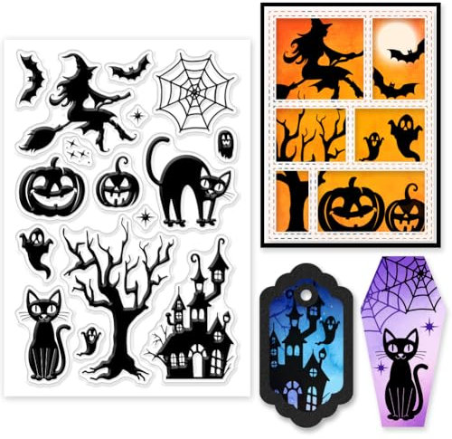GLOBLELAND Halloween-Silhouette Transparente Silikonstempel Hexen Klare Stamps Geister Bäume Silikonstempel Für Kartengestaltung DIY Prägung Journaling