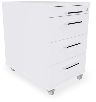 Eigentlich Rollcontainer mit 3 Schubladen und Materialauszug, Büroschrank rollbar B43 x T60 x H65 cm versch. Farben, Schreibtischunterschrank abschließbar, hauseigene Fertigung (Weiß)