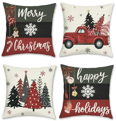 Bonhause 4er Set Kissenbezüge Weihnachten 45 x 45 cm Weihnachtsbäume Schneeflocken LKW Dekorative Kissenhülle Zierkissenbezüge für Sofa Schlafzimmer Zuhause Winter Dekoration