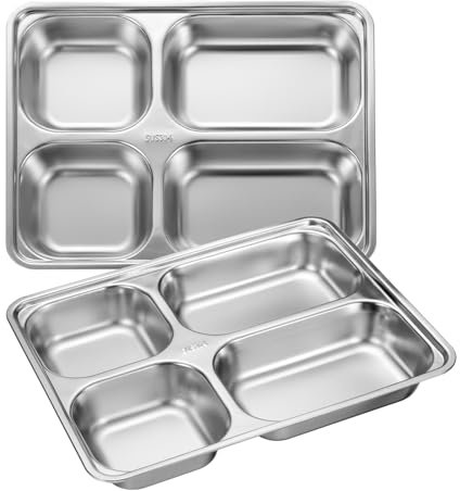sourcing map 2Pcs Stainless Steel Divided Dinner Plate, 11 x 8.7 Rectangular Serving Platter Plates with 4 Square Sections Cafeteria Mess Tray for Restaurant Portion Control Camping