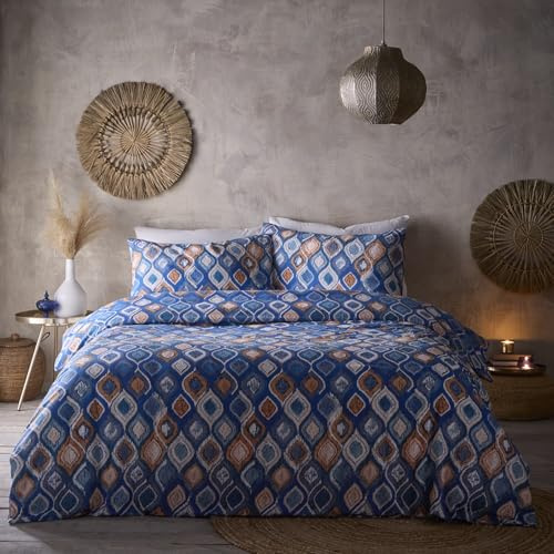 Portfolio Home Tangiers Geometric Blue Double Soft Easy Care Bed Linen Bedding Duvet Cover Quilt Set With Pillow Cases